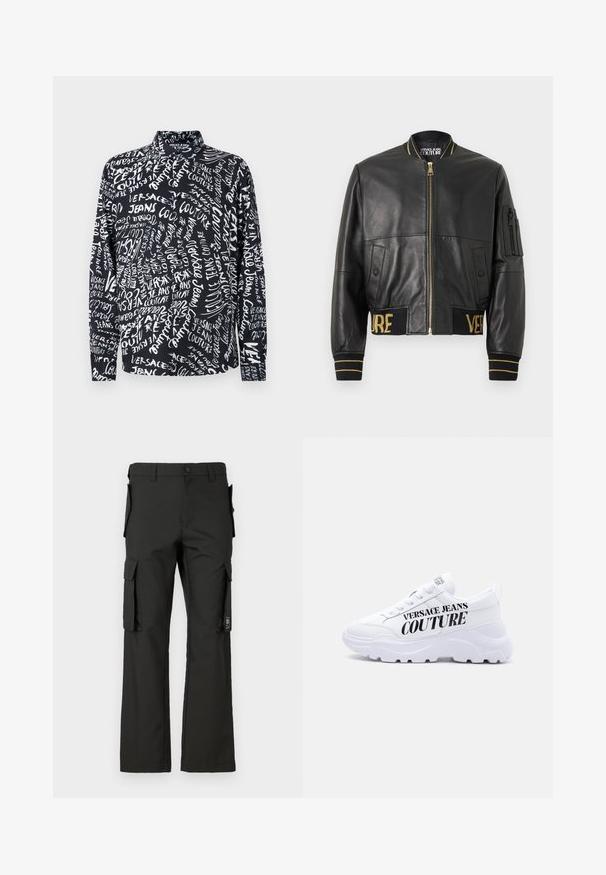 Schwarze Leder-Bomberjacke mit goldenem Reißverschluss, gerippten Bündchen und Saum sowie einer Tasche am linken Ärmel. Verziert mit goldener Stickerei der Schriftzüge "VER" und "SAGE".; Schwarzes Langarmshirt mit weißem "Versace Jeans Couture"-Schriftzug in verschiedenen Schriftarten und Größen, mit hohem Kragen und entspannter Passform.; Schwarze Cargo-Hose mit geradem Bein, ausgestattet mit mehreren Seitentaschen und einem Knopfverschluss. Hergestellt aus strapazierfähigem Gewebe mit glatter Textur.; Weißer klobiger Sneaker mit dicker Sohle, Schnürdesign und dem Schriftzug "Versace Jeans Couture" in fetten schwarzen Buchstaben an der Seite.