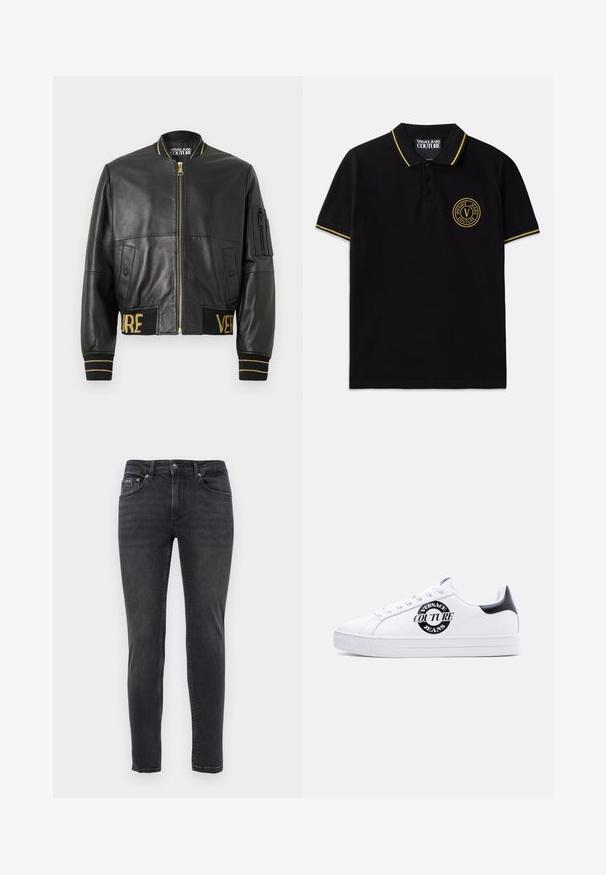 Zwarte leren bomberjack met een gouden ritssluiting, geribbelde boorden en zoom, en een zak op de linker mouw. Heeft de gouden borduursels "VER" en "SAGE".; Zwart polo shirt van katoen met een geelgestreepte kraag, een twee knoopsluiting en een geborduurd rond logo op de linkerborst.; Slim-fit zwarte denim jeans met vijf zakken en een knoop- en ritssluiting, tentoongesteld tegen een effen witte achtergrond.; Witte lage sneaker met zwarte hielstuk, zwart cirkelvormig "Versace Jeans Couture" logo aan de zijkant, witte veters en reliëftekst op de zool.