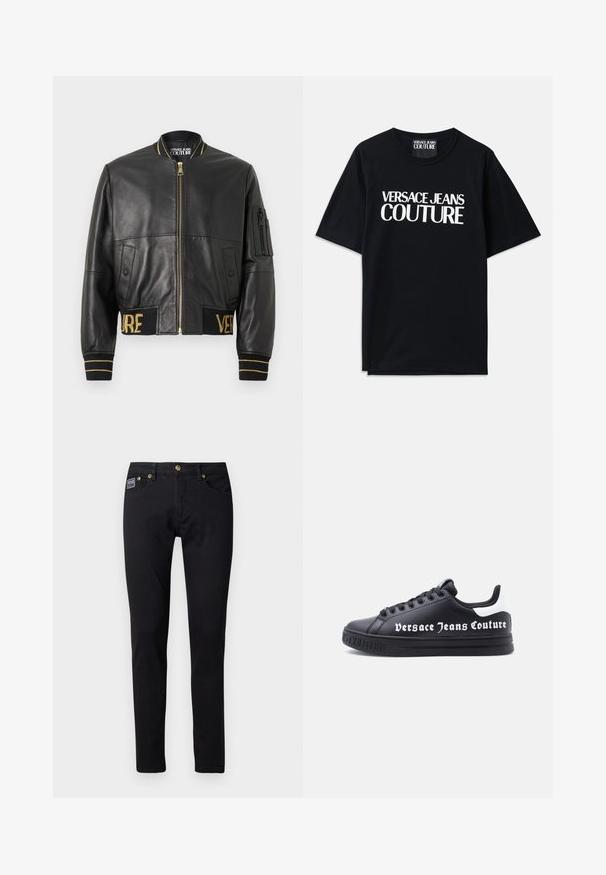 Chaqueta bomber de cuero negro con cremallera dorada, puños y dobladillo acanalados, y un bolsillo en la manga izquierda. Presenta las palabras "VER" y "SAGE" bordadas en dorado.; Camiseta de algodón negra con mangas cortas que presenta un gran texto blanco "VERSACE JEANS COUTURE" en la parte delantera. Diseño clásico de cuello redondo.; Jeans de mezclilla negra de corte slim, con herrajes en tono dorado, cinco bolsillos y una pequeña etiqueta de la marca en el bolsillo derecho.; Zapatilla negra de corte bajo con cordones negros, lengüeta trasera blanca y texto "Versace Jeans Couture" en el lateral y en relieve en la suela.