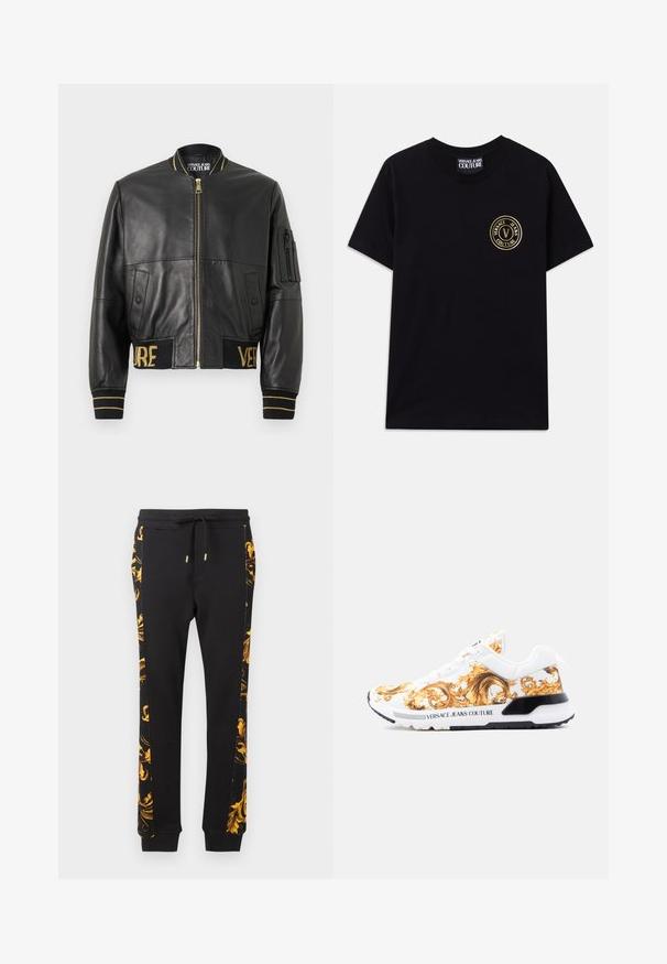 Schwarze Leder-Bomberjacke mit goldenem Reißverschluss, gerippten Bündchen und Saum sowie einer Tasche am linken Ärmel. Verziert mit goldener Stickerei der Schriftzüge "VER" und "SAGE".; Schwarzes Baumwoll-T-Shirt mit Rundhalsausschnitt und kurzen Ärmeln. Besitzt ein goldfarbenes, rundes Logo auf der linken Brust. Einfaches, unauffälliges Design.; Schwarze Jogginghose mit einem goldenen Blumenmuster an der Seite, in taillierter Form und mit elastischen Bündchen. Hergestellt aus weichem Baumwollmaterial.; Weißer Sneaker mit goldenem Barockmuster, schwarz-weißer Sohle und dem Schriftzug "Versace Jeans Couture" an der Seite.