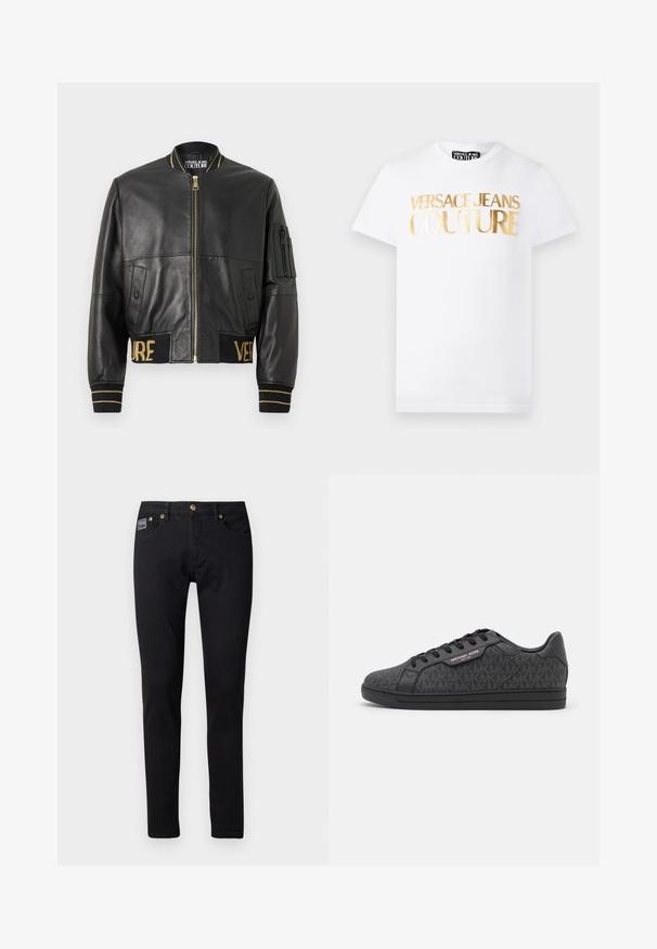 Sort læderbomberjakke med gyldent lynlås, ribstrikkede ærmeafslutninger og kant samt en lomme på venstre ærme. Har "VER" og "SAGE" broderet i guld.; Hvid kortærmet T-shirt med gyldent metallisk "Versace Jeans Couture" tekst på fronten og rund halsudskæring.; Sorte denim jeans med slim fit, udstyret med guldfarvet metalhardware, fem lommer og et lille brandlabel på højre lomme.; Sorte sneakers med en tekstureret stofoverdel med et subtilt MK-mønster, sorte læderdetaljer og en sort gummisål.