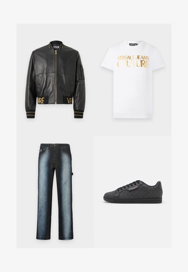 Blouson aviateur en cuir noir avec une fermeture éclair dorée, des poignets et une ceinture côtelés, et une poche sur la manche gauche. Présente les mots « VER » et « SAGE » brodés en doré.; T-shirt blanc à manches courtes avec texte métallisé doré "Versace Jeans Couture" sur le devant et col rond.; Jean bleu foncé avec un design ombré, passant d'un noir profond à un bleu plus clair, avec un style classique à cinq poches et une texture lavée claire.; Baskets noires dotées d'un dessus en tissu texturé avec un motif MK subtil, des accents en cuir noir et une semelle en caoutchouc noire.