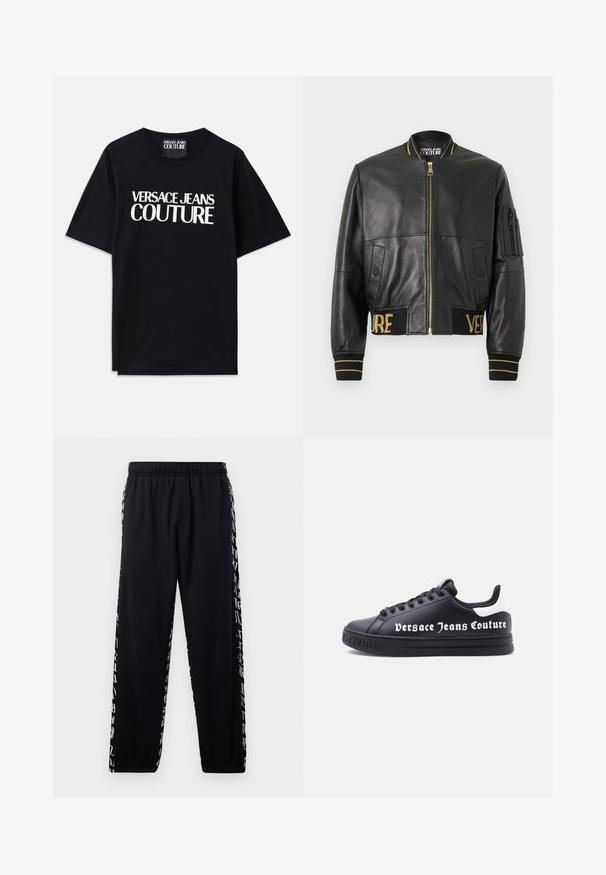 Zwarte leren bomberjack met een gouden ritssluiting, geribbelde boorden en zoom, en een zak op de linker mouw. Heeft de gouden borduursels "VER" en "SAGE".; Zwarte katoenen t-shirt met korte mouwen, voorzien van grote witte tekst "VERSACE JEANS COUTURE" op de voorkant. Klassiek ontwerp met ronde hals.; Zwarte joggings met een elastische tailleband en boorden, voorzien van een witte abstracte tekstprint langs de buitenste zijnaad.; Zwarte lage sneaker met zwarte veters, witte hielstuk en "Versace Jeans Couture" tekst aan de zijkant en in de loopzool gegraveerd.