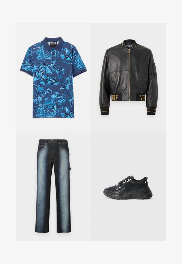 Schwarze Leder-Bomberjacke mit goldenem Reißverschluss, gerippten Bündchen und Saum sowie einer Tasche am linken Ärmel. Verziert mit goldener Stickerei der Schriftzüge "VER" und "SAGE".; Marineblaues Poloshirt mit blauem floralen Wirbelmuster, kurzen Ärmeln und Knopfkragen. Hergestellt aus Baumwollstoff, mit glatter Textur.; Dunkelblaue Jeans mit Ombre-Design, das von tiefschwarz zu hellblau übergeht, mit klassischem Fünf-Taschen-Stil und hellem Waschungseffekt.; Schwarzer Sportschuh mit einem strukturierten Mesh-Panel, dickem Gummi-Sohle, kontrastierenden Akzenten und einer Schnürung. Verfügt über eine Ziehschlaufe an der Rückseite.