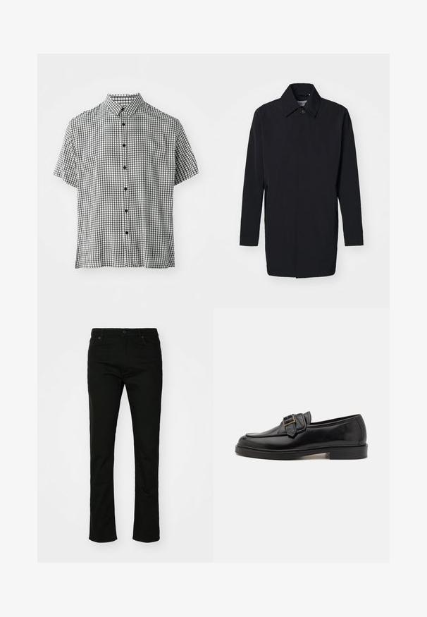 Veste légère noire au design structuré, avec fermeture à boutons et manches longues. Texture lisse et style minimaliste sans motifs.; Chemise à manches courtes avec un motif à carreaux noir et blanc, dotée d'un col classique et de boutons noirs sur le devant.; Jean en denim noir avec une coupe droite, style à cinq poches et fermeture à bouton. Texture lisse avec des détails de couture subtils.; Mocassins en cuir noir avec un bout arrondi et une boucle décorative. Talon plat, solide et texture lisse sur l'ensemble.