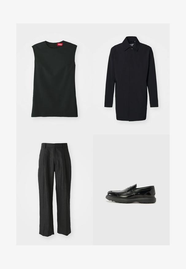 Veste légère noire au design structuré, avec fermeture à boutons et manches longues. Texture lisse et style minimaliste sans motifs.; Un haut sans manches noir avec un col rond, en tissu lisse, et une fermeture éclair au dos. Il présente une petite étiquette rouge avec le logo "032c" au niveau du cou.; Pantalons en lin noir avec une coupe droite, ornés de plis distinctifs à l'avant et d'une finition lisse et texturée.; Mocassin en cuir noir avec une finition brillante, bout arrondi, détails de couture subtils et semelle en caoutchouc épaisse pour la durabilité.