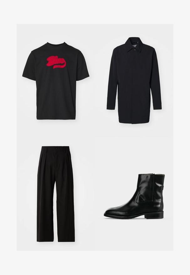 Zwarte lichtgewicht jas met een gestructureerd ontwerp, knoopsluiting en lange mouwen. Gladde textuur en minimalistische stijl zonder patronen.; Zwarte katoenen T-shirt met een ronde halslijn, voorzien van een rode geborduurde "Blue Marble"-logo in een gebogen ontwerp op de voorkant.; Zwarte wijde broek met een gladde textuur, voorzien van twee voorklokken, een knoopsluiting en zijzakken. Duurzaam materiaal.; Zwart lederen enkellaars met lage hak en zijrits, weergegeven tegen een effen lichtgrijze achtergrond.
