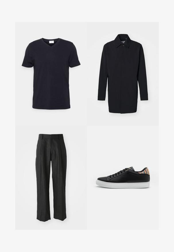 Sort letvægtsjakke med en struktureret design, knaplukning og lange ærmer. Glat tekstur og minimalistisk stil uden mønstre.; Sort v-hals t-shirt lavet af bomuld, med korte ærmer og en afslappet pasform. Enkel design, uden mønstre eller yderligere accenter.; Sorte linnedragter med lige ben, der har særlige folder foran og en glat tekstureret finish.; Sorte lædersneakers med en hvid gummisål, der har en stribet multicolor accent på hælen og sort snøre foran med gyldne øjer.