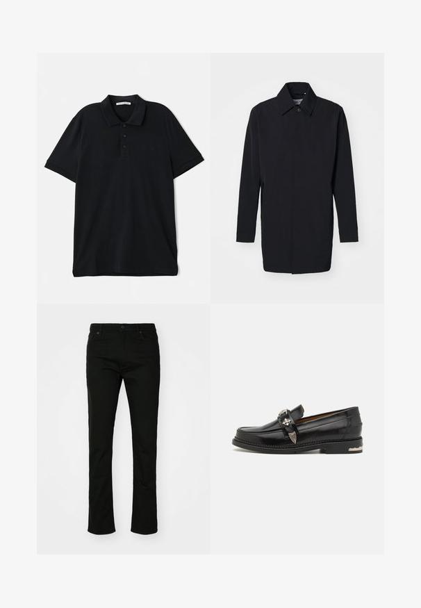 Sort letvægtsjakke med en struktureret design, knaplukning og lange ærmer. Glat tekstur og minimalistisk stil uden mønstre.; Sort polo shirt lavet af bomuld, med en klassisk krave, tre-knaps lukning, korte ærmer og en diskret logo detaljer på forsiden.; Sorte denim jeans med lige ben design, fem lomme-stil og knaplukning. Glat tekstur med subtile stikninger detaljer.; Sort læderloafer med sølv dekorativt hardware, en mokkasinstil overdel, detaljeret syning og en stakheel.