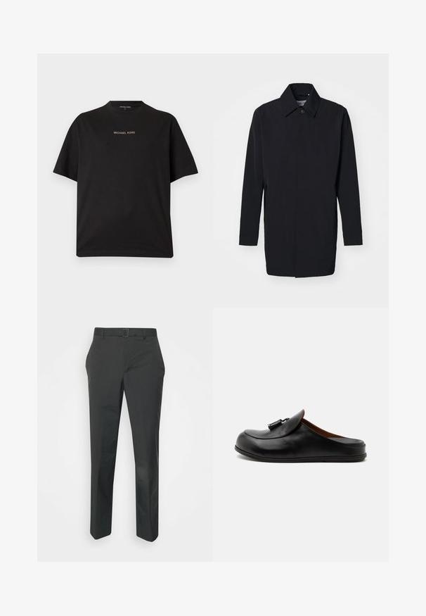 Sort letvægtsjakke med en struktureret design, knaplukning og lange ærmer. Glat tekstur og minimalistisk stil uden mønstre.; Sort t-shirt med korte ærmer og rund hals med "MICHAEL KORS"-logo centreret i lille guldtekst på brystet.; Neil Barrett PLEAT TROUSERS - Bukser - black; Sort læder rygfri loafer med kvaster på toppen, vist fra siden på en lys ensfarvet baggrund.