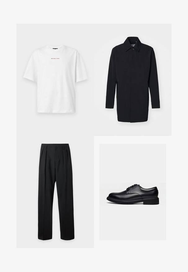 Zwarte lichtgewicht jas met een gestructureerd ontwerp, knoopsluiting en lange mouwen. Gladde textuur en minimalistische stijl zonder patronen.; Wit T-shirt met korte mouwen en ronde hals, met kleine rode "MICHAEL KORS" tekst gecentreerd op de borst.; Zwarte, hoog getailleerde, op maat gemaakte broek met riemlussen, voorplooien, knoopsluiting en rechte, wijde pijpen op een lichte achtergrond.; Zwarte gepolijste leren nette schoen met vetersluiting en dikke rubberen zool, gezien vanaf de zijkant op een effen lichte achtergrond.