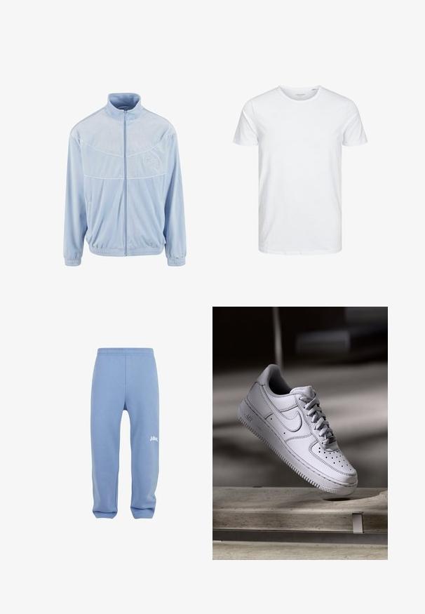 Lyseblå fleece træningsjakke med høj krave, fuld lynlås, elastiske manchetter og kant; har hvid piping og logo broderi.; Rundhals kortærmet t-shirt i ensfarvet hvid, lavet af blød bomuld, har et simpelt design uden synlige mønstre eller detaljer.; Lyseblå sweatpants med elastisk talje, tætsiddende ben og et hvidt logo på venstre lår. Lavet af blødt, struktureret stof.; Hvid læder Nike Air Force 1 sneaker med perforeret tå, flade snørebånd og tekstureret gummisål med "AIR" branding på siden.