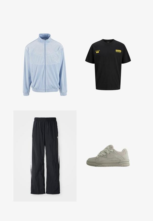 Lyseblå fleece træningsjakke med høj krave, fuld lynlås, elastiske manchetter og kant; har hvid piping og logo broderi.; Sort oversize t-shirt lavet af bomuld. Har gul tekst: "KYOTO" og sætninger på engelsk og japansk. Rund halsudskæring og korte ærmer.; Sorte nylon træningsbukser med elastisk talje, der har hvide sideløsninger og en diskret logo detalje foran.; Lav-snit grå sneaker med tykke teksturerede snørebånd, polstret krave, syninger i panelerne og en rilled gummisål for greb.