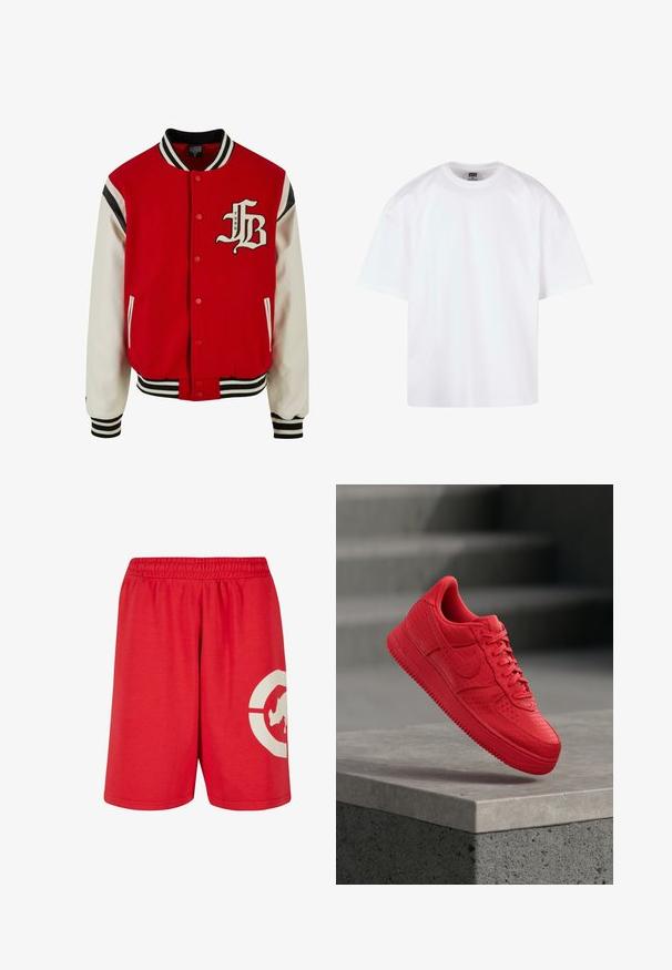 Rød varsityjakke med hvide lædersleeves, ribbet sort og hvid krave og manchetter, med et stort broderet logo på brystet.; Hvid kortærmet t-shirt med rund hals, lavet af bomuldsmateriale, der har en afslappet pasform og minimale syningsdetaljer.; Røde bomuldsshorts med elastisk talje, prydet med et stort hvidt grafisk design på venstre ben og en glat overflade.; Rød Nike Air Force 1 sneaker med tekstureret overdel og snørebånd, placeret i luften over en betonblok mod en sløret baggrund af trapper.