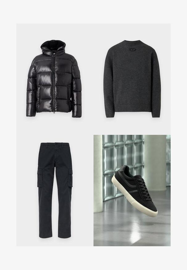 Sort dunjakke med en blank overflade, med høj krave, lynlås-lukning og to sidelommer; quiltet design for isolering.; Mørkegrå sweater lavet af blødt strikket stof med rund halsudskæring og ribstrikkede manchetter og kant. Har et lille logodetalje på ryggen.; Sorte cargo-bukser lavet af slidstærkt materiale, med to sidelommer, lige ben og knaplukning i taljen.; Sort lavt sneakersko med hvid sål og snørebånd, mærket "BOSS", svævende indendørs nær glasblokvinduer og betonpiller.