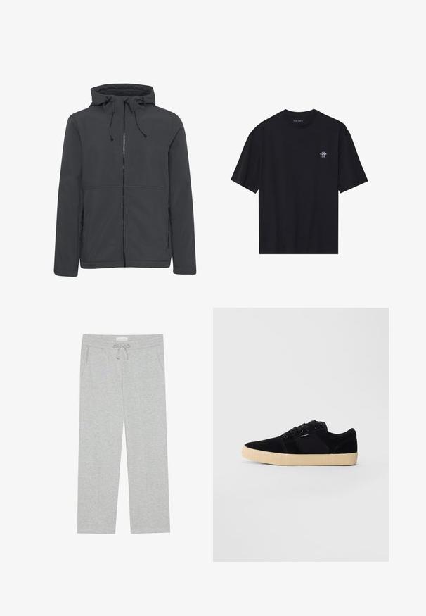 Veste à capuche gris foncé avec fermeture éclair sur toute la longueur, cordon de serrage ajustable, deux poches latérales et texture de tissu lisse.; T-shirt en coton noir à manches courtes, col rond, avec un petit graphique de soucoupe volante blanche sur la poitrine gauche. Texture lisse et coupe décontractée.; Pier One Pantalon de survêtement - light grey; Baskets basses noires avec une semelle texturée beige, des lacets et un petit logo sur le côté, sur un fond gris clair uni.