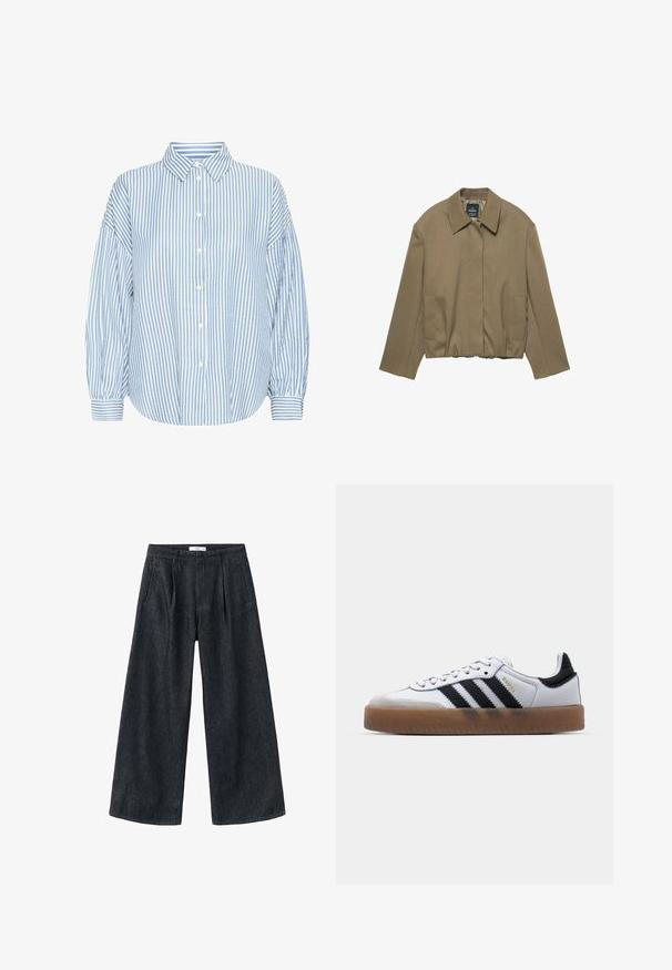 PULL&BEAR TAILORED FIT BALLOON SILHOUETTE JACKET - Let jakke / Sommerjakker - camel; Lyseblå og hvid stribet skjorte med knapper, krave, løs pasform, bløde ærmer og opfoldede håndled. Fremstillet af et let materiale.; Mørke denim brede bukser med plisseringer, høj talje og klassisk snit. Har en ren afslutning ved kanten og minimale sy detaljer.; Hvide lædersneakers med sorte striber, gummirubber sål, rund tå, snørelukning og blød grå ruskinds tåhætte.