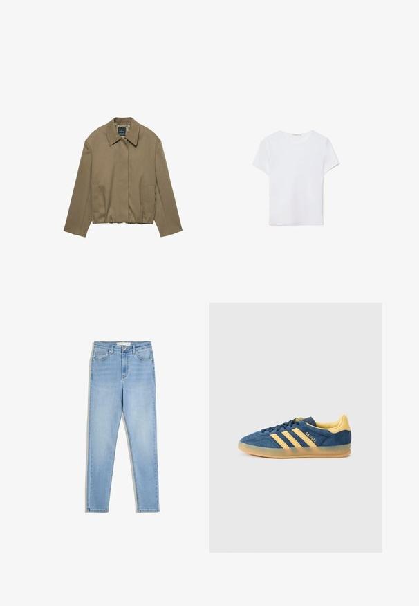PULL&BEAR TAILORED FIT BALLOON SILHOUETTE JACKET - Letná bunda - camel; Biela kratká dámska tričko s krátkym rukávom vyrobené z mäkkej látky. Má okrúhly výstrih a jednoduchý, čistý dizajn so rovnými okrajmi.; Svetlomodré džíny z denimu s vysokým pásom, úzkymi nohavicami, prednými vreckami a zipsovým zapínaním. Tkanina má jemný vyblednutý vzhľad.; Modrá semišová teniska so žltými akcentmi, s tromi žltými pruhmi, textúrovaným jazykom a priehľadnou gumovou podrážkou. Viditeľné je aj meno značky „Gazelle“.