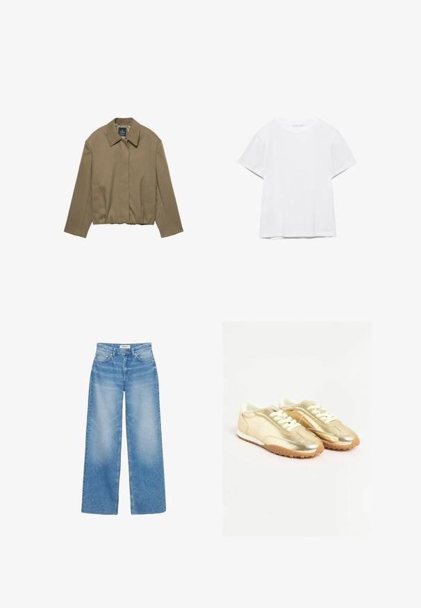 PULL&BEAR TAILORED FIT BALLOON SILHOUETTE JACKET - Let jakke / Sommerjakker - camel; Hvid, kortærmet T-shirt med rund hals og lige kant, vist på en hvid baggrund.; Lyseblå jeans med vide ben lavet af denim, med høj talje, subtil falmet effekt og klassisk fem-lomme-design med kobberdetaljer.; Guldmetallic sneakers med en glat tekstur, hvide snørebånd og en gummiyderside med et prikket mønster. Detaljer i lys beige.