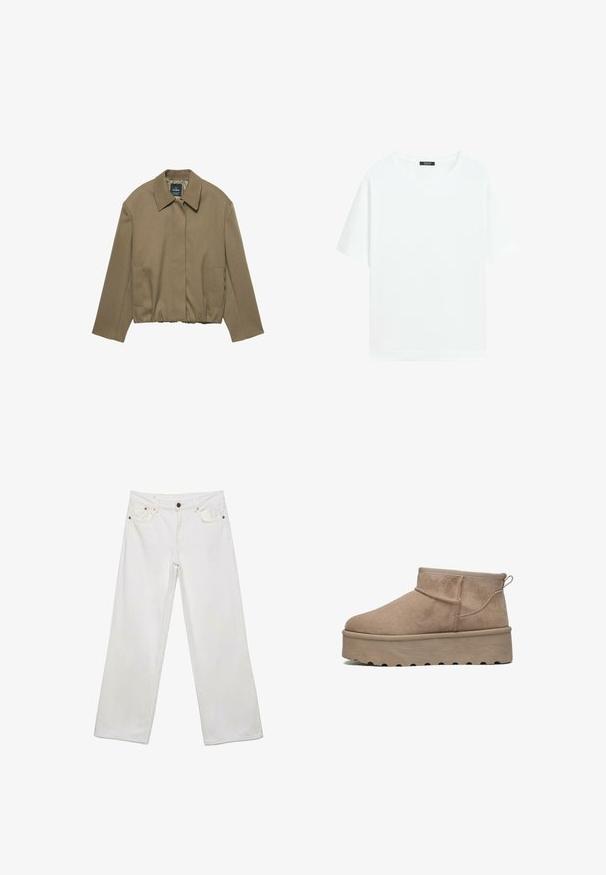 PULL&BEAR TAILORED FIT BALLOON SILHOUETTE JACKET - Lichte jas - camel; Effen wit T-shirt met korte mouwen en ronde hals, met een klein zwart label aan de binnenkant van de kraag.; Witte jeans met rechte pijpen, voorzakken, knoop- en ritssluiting, plat uitgestald op een witte achtergrond.; Beige suède enkelboot met een ronde neus, elastische kraag en een dikke platformzool met diepe groeve voor grip. Plat, gestroomlijnd ontwerp.