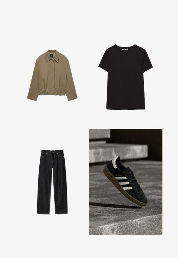 PULL&BEAR TAILORED FIT BALLOON SILHOUETTE JACKET - Letná bunda - camel; Čierne krátke bavlnené tričko s okrúhlym výstrihom, štandardným strihom a viditeľnou vnútornou nálepkou na krku.; Tmavé denimmové rifle s rovný strihom, mosadzným zapínaním na gombík a kontrastným žltým prešívaním. Obsahujú päť vreciek a klasický strih.; Čierna teniska značky Adidas s bielymi pruhmi a gumovou podrážkou vznášajúca sa nad sivými betónovými schodmi za prirodzeného svetla.