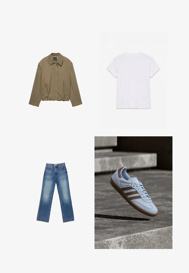 PULL&BEAR TAILORED FIT BALLOON SILHOUETTE JACKET - Leichte Jacke - camel; Schlichtes weißes kurzärmliges Baumwoll-T-Shirt mit Rundhalsausschnitt, flach auf einem weißen Hintergrund liegend.; Helle Denim-Hosen mit weitem Bein und einem verwaschenen Finish, fünf Taschen, sichtbaren Nähten, Knopf- und Reißverschluss sowie geradem Schnitt.; Hellblauer Sneaker mit braunen Wildlederakzenten, drei seitlichen Streifen, flachen Schnürsenkeln und einer strukturierten Gummisohle. Markenlogo auf der Zunge.