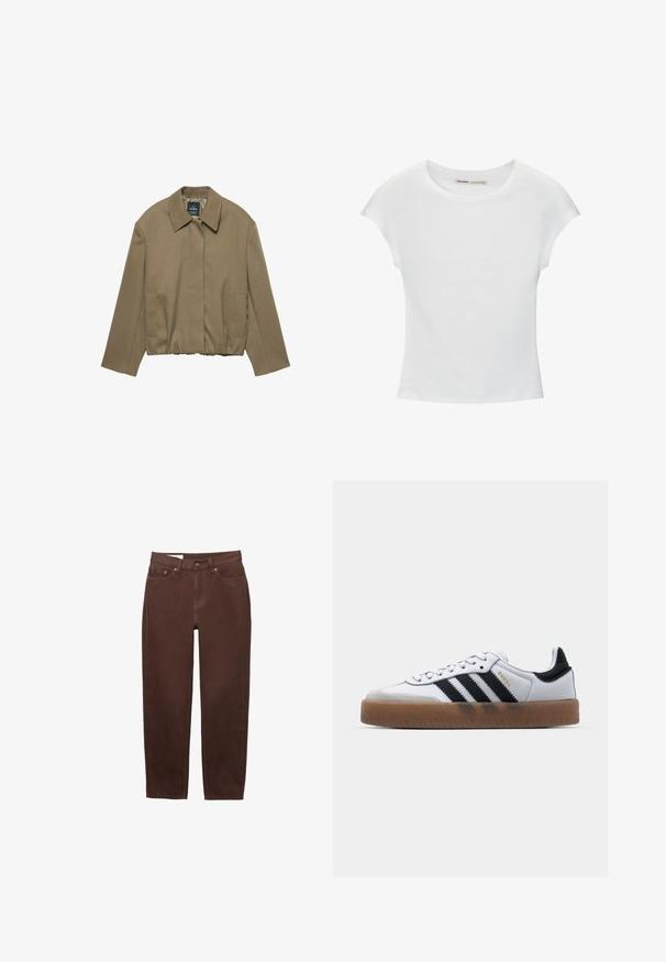 PULL&BEAR TAILORED FIT BALLOON SILHOUETTE JACKET - Lichte jas - camel; Witte katoenen T-shirt met korte, opgerolde mouwen, een ronde halslijn en een rechte zoom. Gladde textuur zonder zichtbare patronen of accenten.; Bruine jeans met rechte pijpen, voorzien van een voorste knoop- en ritsluiting, en een ontwerp met vijf zakken op een witte achtergrond.; Witte leren sneakers met zwarte strepen, gumrubberen buitenzool, ronde neus, vetersluiting en een zachte grijze suède neuskap.