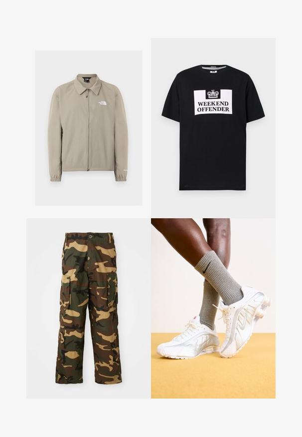 Veste beige The North Face zippée avec col, poignets élastiques et logo sur le côté gauche de la poitrine et la manche droite, présentée sur un fond uni.; T-shirt noir à manches courtes avec un graphique rectangulaire blanc arborant une icône de couronne et le texte "WEEKEND OFFENDER" en lettres majuscules et en gras.; Pantalons cargo camouflage en vert, marron et beige. Dotés de deux grandes poches latérales et d'une fermeture à bouton. Fabriqués en tissu texturé.; Baskets Nike blanches avec des accents argentés, présentant des panneaux texturés et des perforations. Assorties à des chaussettes grises à côtes, sur un fond jaune.