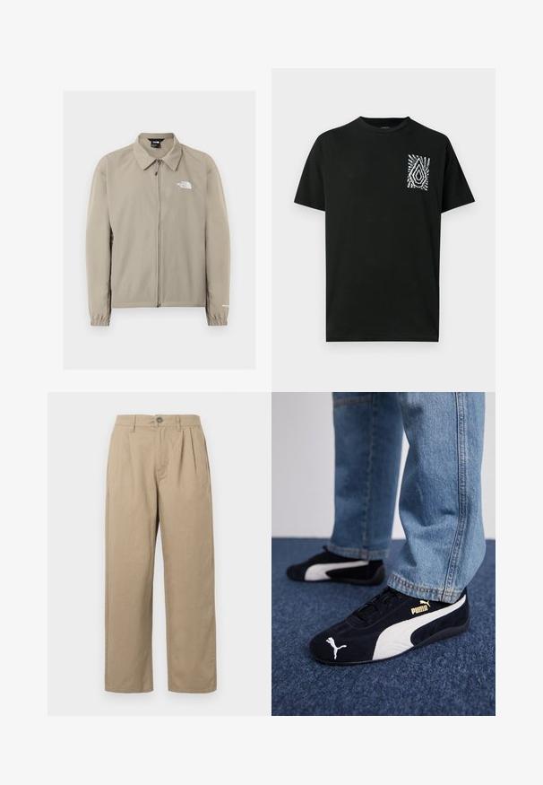 Veste beige The North Face zippée avec col, poignets élastiques et logo sur le côté gauche de la poitrine et la manche droite, présentée sur un fond uni.; T-shirt en coton noir avec manches courtes et une poche avant ornée d'un motif abstrait blanc. Conception classique à col rond.; Pantalons beiges taille haute avec plis, passants de ceinture, fermeture à bouton et jambes droites sur un fond blanc.; Baskets en daim noir avec accents blancs, arborant un logo doré. Portées avec un jean en denim bleu clair et posées sur une surface bleue texturée.