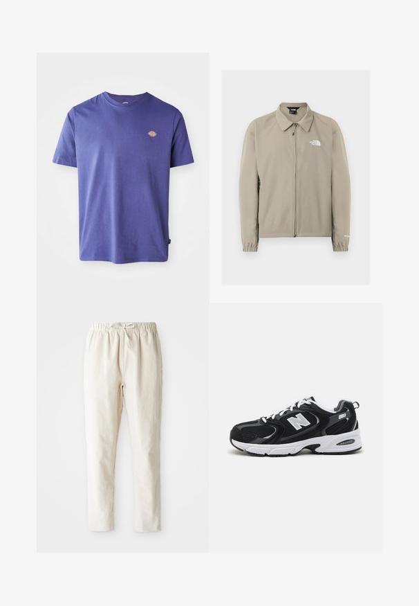 Veste beige The North Face zippée avec col, poignets élastiques et logo sur le côté gauche de la poitrine et la manche droite, présentée sur un fond uni.; T-shirt en coton violet avec un col rond et des manches courtes. Présente un petit logo sur la poitrine. Texture lisse, coupe décontractée.; Pantalons en coton beige clair avec une taille élastique, un cordon de serrage et des jambes droites. Texture lisse sans motifs ni pièces apparentes.; Baskets de sport noires et grises avec un tige en mesh et en suède, présentant une semelle intermédiaire blanche, des lacets et un logo "N" audacieux sur le côté.