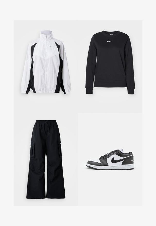 Veste coupe-vent Nike en blanc et noir. Caractéristiques : col haut, fermeture éclair, manches longues et design à panneaux contrastés avec un tissu texturé.; Sweatshirt noir en mélange de coton, avec des poignets et un ourlet côtelés, un col rond et un logo Nike en argent sur la poitrine.; Pantalons cargos noirs avec des jambes larges, taille élastique, cordon de serrage ajustable et deux poches latérales. Fabriqués en tissu léger et lisse.; Des baskets basses Nike en noir et blanc présentent un cuir lisse sur le dessus, un bout rond, un système de laçage et une semelle extérieure en caoutchouc à motifs.