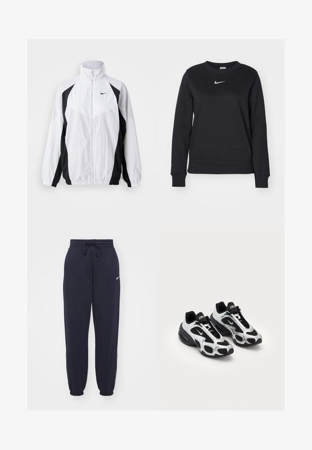 Nike vindjakke i hvid og sort. Har høj krave, lynlås lukning, lange ærmer og kontrasterende paneldesign med tekstureret stof.; Sort sweatshirt lavet af bomuldsblanding, med ribbede manchetter og kant, rund halsudskæring og sølvfarvet Nike-logo på brystet.; Nike joggingbukser i navyblå, lavet af blødt materiale. Har en elastisk talje med snor og manchetter ved anklerne. Lille hvidt logo accenter.; Sorte og sølv atletiske sko med en overdel i mesh og syntetisk materiale, der har et karakteristisk bølget design og polstret krave, samt luftdæmpning i sålen.