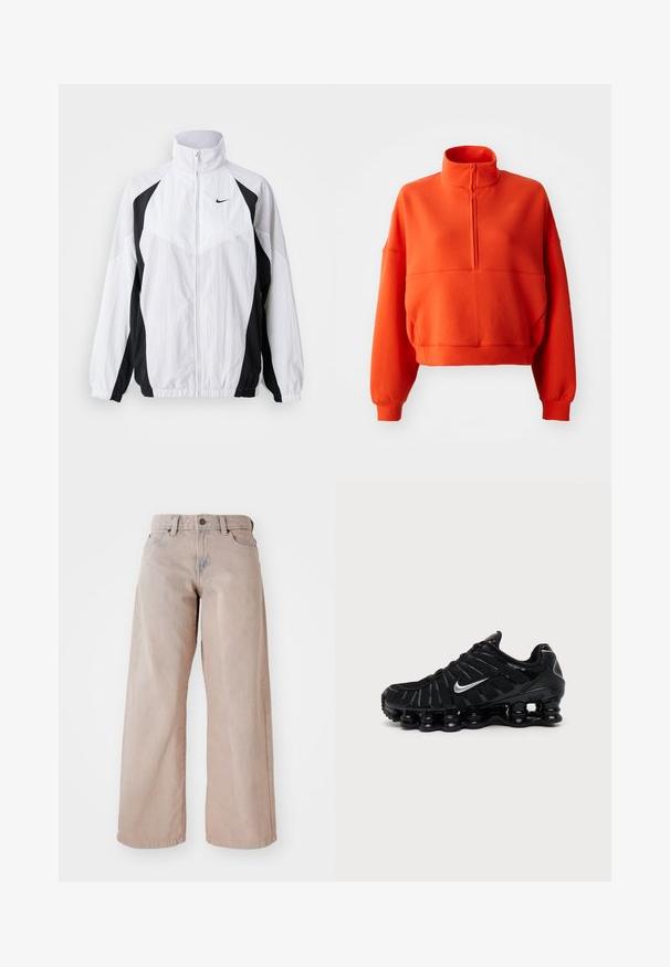 Nike vindjakke i hvid og sort. Har høj krave, lynlås lukning, lange ærmer og kontrasterende paneldesign med tekstureret stof.; Lys orange cropped sweatshirt med høj hals og halv lynlås, featuring brede ærmer og et struktureret stof for komfort.; Beige vidde jeans med høj talje, fem-lomme design og knaplukning. Stoffet har en blød tekstur og en let falmning foran.; Sort Nike sportssko med sølv Swoosh-logo, mesh og syntetisk overdel, og en karakteristisk segmenteret polstret sål.