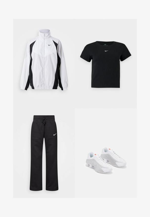 Biela a čierna vetrovka Nike. Má vysoký golier, zips, dlhé rukávy a kontrastný panelový dizajn s textúrovanou látkou.; Čierne rebrované tričko s krátkymi rukávmi, s malým bielym logom Nike na hrudi a okrúhlym výstrihom.; Čierne tepláky vyrobené z bavlnenej zmesi, s elastickým pásom na šnúrku, rovnými nohavicami a bielym logom Nike na ľavej strane.; Biele bežecké topánky so sivými akcentmi, s textúrovaným zvrškom, perforáciami pre ventiláciu a segmentovanou pätou pre odpruženie.