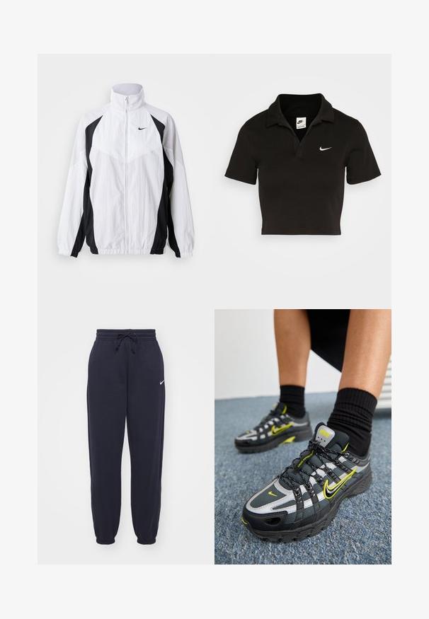 Chaqueta cortavientos de Nike en blanco y negro. Cuenta con un alto cuello, cierre con cremallera, mangas largas y un diseño de paneles contrastantes con tejido texturizado.; Polo negro recortado de algodón con un collar tradicional y mangas cortas. Presenta un logo de Nike en blanco en el lado izquierdo del pecho.; Pantalones de chándal Nike en azul marino, hechos de un material suave. Cuenta con una cintura elástica con cordón y tobillos ajustados. Pequeño acento con el logo blanco.; Zapatillas deportivas en negro y gris con acentos reflectantes plateados, paneles de malla texturizada y detalles en amarillo brillante. Diseño con cordones y suela estructurada.