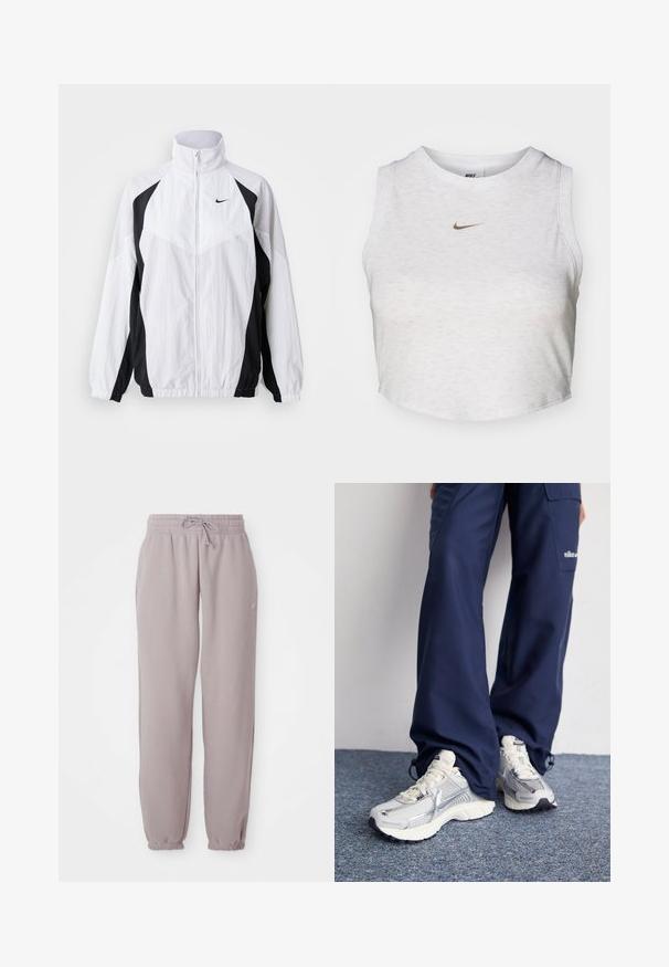 Chaqueta cortavientos de Nike en blanco y negro. Cuenta con un alto cuello, cierre con cremallera, mangas largas y un diseño de paneles contrastantes con tejido texturizado.; Top corto blanco hecho de una tela suave y texturizada. Presenta un cuello redondo y un diseño sin mangas, con un pequeño logotipo dorado de Nike en la parte delantera.; Pantalones de chándal de polar en color malva claro con cintura elástica, cordón ajustable, bolsillos laterales y puños elásticos, mostrados planos sobre un fondo blanco.; Zapatillas deportivas Nike con parte superior de malla plateada, acentos blancos y suelas texturizadas, combinadas con pantalones azul marino de corte holgado.