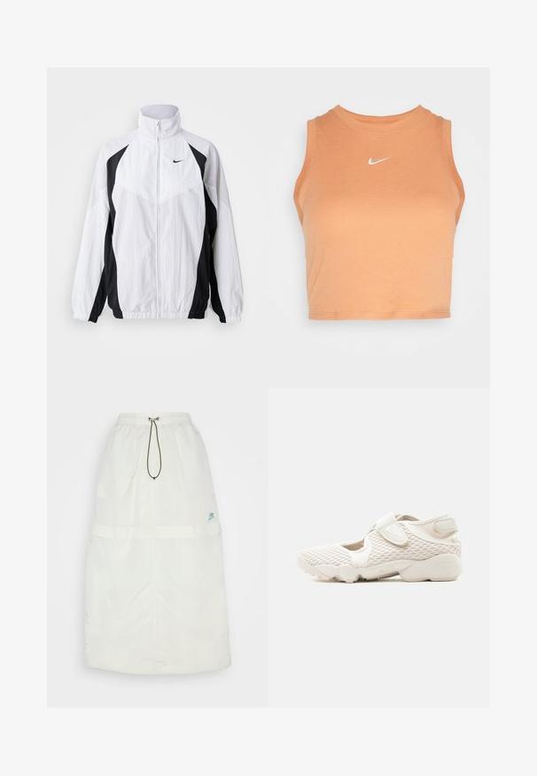 Nike αδιάβροχο μπουφάν σε λευκό και μαύρο. Διαθέτει υψηλό γιακά, κλείσιμο με φερμουάρ, μακριά μανίκια και σχέδιο με αντίθετες πάνελ από υφασμάτινη υφή.; Nike Sportswear TANK - Μπλούζα - amber brown/sail; Μακριά λευκή φούστα από ελαφρύ υλικό. Διαθέτει ελαστική μέση, κορδόνι και ένα μικρό μπλε λογότυπο Nike στο κάτω δεξί μέρος.; Ανοιχτό μπεζ αθλητικό παπούτσι Nike με άνω μέρος από δίχτυ, λουράκια με βέλκρο, μαλακή σόλα και κομμένες πλευρές, σχεδιασμένο για άνεση και αναπνοή.