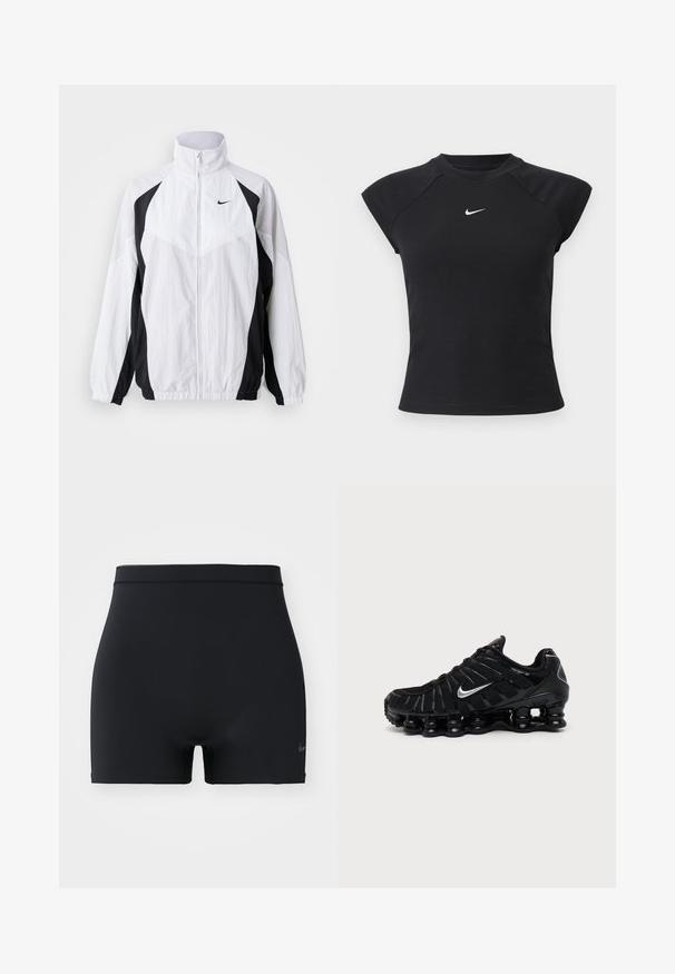 Nike tuulejope mustas ja valges. Omab kõrget krae, lukuga sulgemist, pikki varrukaid ning kontrastset paneelidisaini tekstuuriga kangast.; Must lühikeste varrukatega top soonilise tekstuuriga, varustatud ümmarguse kaelusega ja väikese valge Nike logoga rinnal.; Must mustad mustreid, elastne mustad spordilühikesed, millel on keskmise kõrgusega vöökoht ja väike Nike logo vasakul küljel.; Must Nike sportlik jalanõu hõbedase Swooshi logoga, võrgust ja sünteetilisest materjalist pealiskattega ning iseloomuliku segmentidega polsterdatud tallaga.