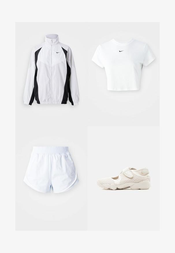 Nike αδιάβροχο μπουφάν σε λευκό και μαύρο. Διαθέτει υψηλό γιακά, κλείσιμο με φερμουάρ, μακριά μανίκια και σχέδιο με αντίθετες πάνελ από υφασμάτινη υφή.; Λευκό κοντό μπλουζάκι από βαμβάκι, με κοντά μανίκια και στρογγυλή λαιμόκοψη, διακοσμημένο με το μαύρο λογότυπο της Nike στο στήθος.; Ανοιχτό μπλε αθλητικά σορτς με ριγέ ζώνη μέσης, κυρτό στρίφωμα και λευκές λεπτομέρειες στο πλάι. Κατασκευασμένα από μαλακό, ελαφρύ υλικό.; Ανοιχτό μπεζ αθλητικό παπούτσι Nike με άνω μέρος από δίχτυ, λουράκια με βέλκρο, μαλακή σόλα και κομμένες πλευρές, σχεδιασμένο για άνεση και αναπνοή.