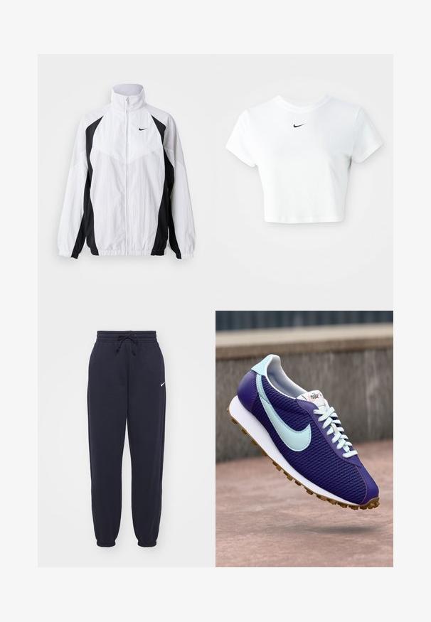 Veste coupe-vent Nike en blanc et noir. Caractéristiques : col haut, fermeture éclair, manches longues et design à panneaux contrastés avec un tissu texturé.; T-shirt blanc court en coton, avec des manches courtes et un col rond, orné d'un logo Nike noir sur la poitrine.; Pantalon de survêtement Nike en bleu marine, fabriqué dans un matériau doux. Présente une taille élastique avec un cordon de serrage et des chevilles resserrées. Petite accentuation logo blanche.; Baskets Nike violettes avec un swoosh bleu clair, des lacets blancs et une semelle en caoutchouc, présentées en suspension au-dessus d'une surface en béton en extérieur.