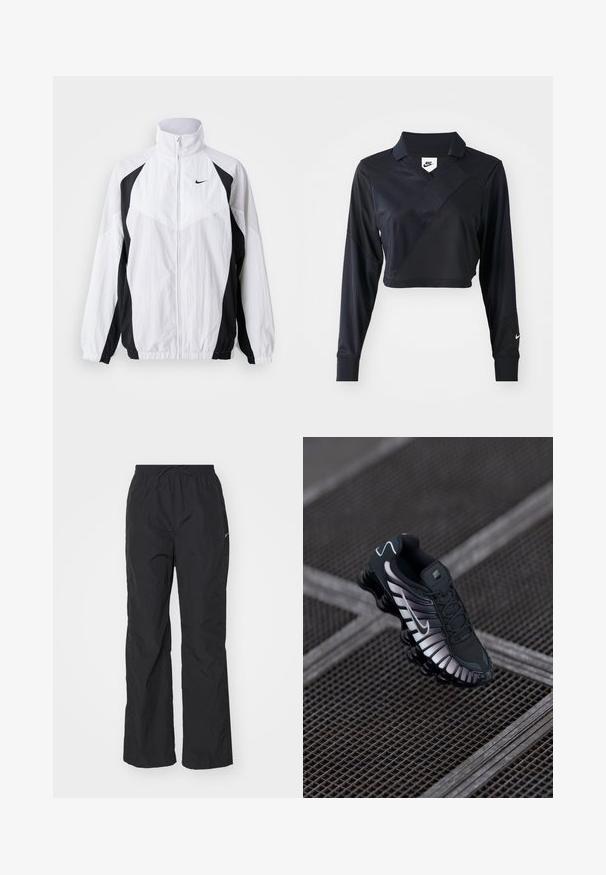 Nike windbreakerjacke in wit en zwart. Heeft een hoge kraag, ritsluiting, lange mouwen en een contrasterend paneelontwerp met textuurstof.; Zwarte langwerpige cropped polo met lange mouwen en een V-hals, met een schuin naadontwerp, een soepele textuur en een Nike-logo op de mouw.; Zwarte, lichtgewicht broek met een elastische tailleband en verstelbare trekkoord. Heeft een gestructureerde afwerking en een klein reflecterend logo aan de zijkant.; Zwarte sportschoen met een geprofileerde bovenkant van mesh, zilveren accenten, ondersteuning voor de voetenboog en een gevoerde zool met een duidelijk gesegmenteerd ontwerp.