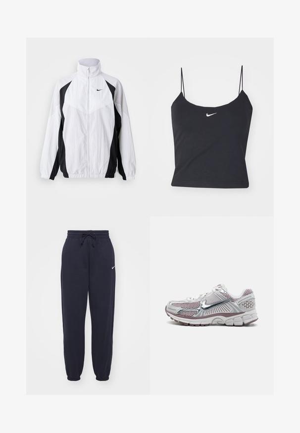 Chaqueta cortavientos de Nike en blanco y negro. Cuenta con un alto cuello, cierre con cremallera, mangas largas y un diseño de paneles contrastantes con tejido texturizado.; Top negro sin mangas con escote redondeado, tirantes finos y un logo de Nike blanco centrado. Hecho de un tejido suave, con un diseño ajustado.; Pantalones de chándal Nike en azul marino, hechos de un material suave. Cuenta con una cintura elástica con cordón y tobillos ajustados. Pequeño acento con el logo blanco.; Zapatilla deportiva de Nike con parte superior de malla blanca con detalles plateados, detalles en rosa y una suela gruesa, acolchada y texturizada.
