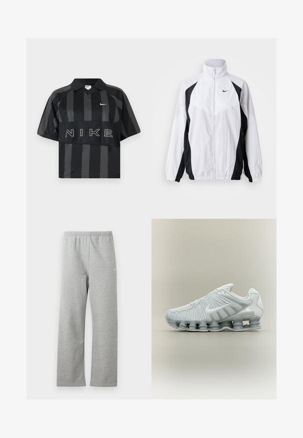 Veste coupe-vent Nike en blanc et noir. Caractéristiques : col haut, fermeture éclair, manches longues et design à panneaux contrastés avec un tissu texturé.; Polo Nike manches courtes à rayures verticales noires et gris foncé, col, virgule Nike blanche et grand texte NIKE sur la poitrine.; Pantalon de jogging gris clair avec une ceinture élastique et un petit logo blanc Nike sur le haut de la cuisse, présenté à plat sur fond blanc.; Chaussure de sport Nike blanche et grise avec un design à rayures verticales et une structure de semelle distinctive en forme de ressort.