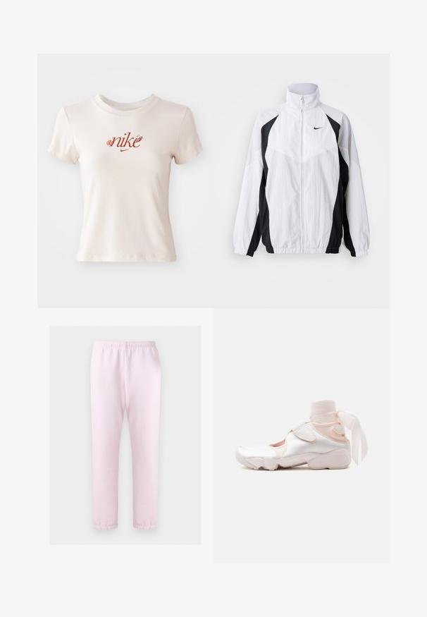 Nike windbreakerjacke in wit en zwart. Heeft een hoge kraag, ritsluiting, lange mouwen en een contrasterend paneelontwerp met textuurstof.; Beige T-shirt met korte mouwen van katoen, voorzien van een rood "nike" logo met bloemaccenten en een ronde hals.; Lichtroze sweatpants met elastische taille en omslagmansetjes bij de enkels, plat neergelegd op een witte achtergrond.; Witte en lichtroze sneaker met zachte stoffen enkelwikkeling gestrikt in een strik, met verstelbare riem en afgeronde zool.