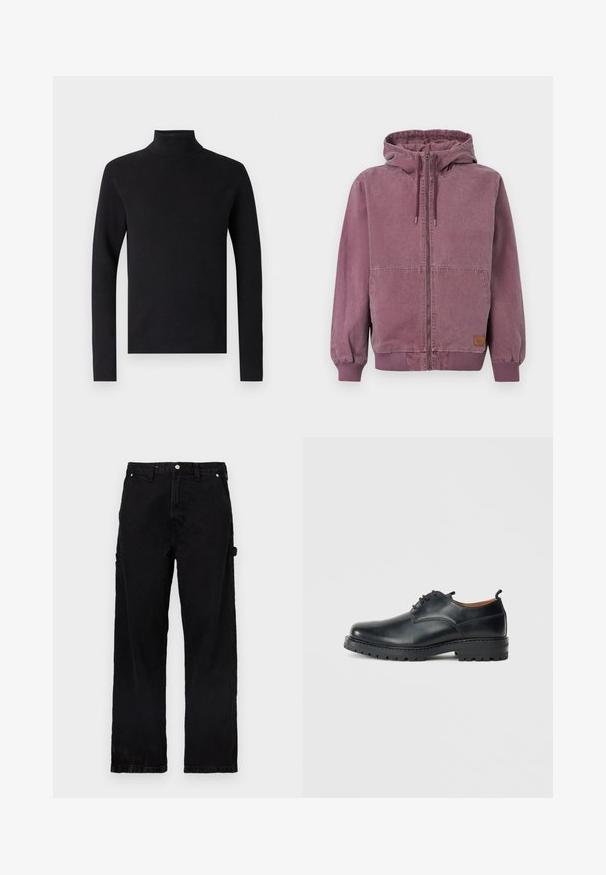 Sweat à capuche zippé unisexe violet poussiéreux avec cordon de serrage, poches avant, poignets et ceinture côtelés, présenté sur un fond uni.; Pull col roulé noir avec texture côtelée, manches longues et silhouette ajustée. Design simple sans motifs ni accents visibles.; Pantalon en denim noir à coupe droite, doté d'une braguette à boutons et fermeture éclair, de poches latérales et de légères variations de texture.; Chaussures derby en cuir noir avec une texture lisse, bout rond, design à lacets et une semelle en caoutchouc épaisse et robuste.