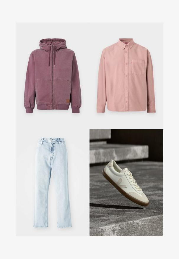 Unisex mikina so zipsom v prachovej fialovej farbe s kapucňou na sťahovanie, prednými vreckami, rebrovanými manžetami a pásikom, zobrazená na jednoduchom pozadí.; Ružová košeľa s dlhými rukávmi, zapínaná na gombíky, s predným vreckom a golierom na gombíky, zobrazená na jednoduchom pozadí.; Svetlomodré denim džiny so strihom s rovnými nohavicami, vysokým pásom, piatimi vreckami a zapínaním na gombík. S blednutou textúrou po celom povrchu.; Biele kožené tenisky s hnedou gumovou podrážkou, rovnými šnúrkami a V-tvarovaným prvkom na boku. Majú hladký povrch a minimalistické švíky.