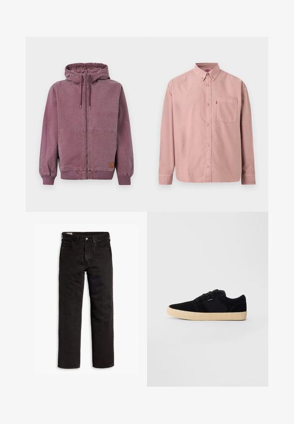 Sweat à capuche zippé unisexe violet poussiéreux avec cordon de serrage, poches avant, poignets et ceinture côtelés, présenté sur un fond uni.; Chemise rose à manches longues avec boutons, poche avant et col boutonné, présentée sur un fond uni.; Jean en denim noir à jambes droites avec cinq poches, fermeture à bouton et passants de ceinture, posés à plat sur un fond blanc.; Baskets basses noires avec une semelle texturée beige, des lacets et un petit logo sur le côté, sur un fond gris clair uni.