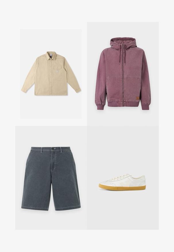 Unisex støvet violet hættetrøje med lynlås, snøre i hætten, forlommer, ribstrikkede manchetter og linning, vist på en ensfarvet baggrund.; Beige langærmet skjorte i bomuldsstof med klassisk krave, knaplukning foran, enkelt brystlomme og brandmærke på lommen.; Mørkegrå bomuldsshorts med knap og lynlås foran, bæltestropper, sidelommer og synlige hvide syninger på en ensfarvet baggrund.; Hvid lædersneaker med en glat tekstur, med en beige 'V'-logo, rund tå, snørelukning og en sål af gumgummi.