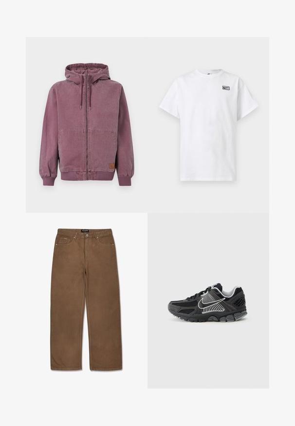 Unisex støvet violet hættetrøje med lynlås, snøre i hætten, forlommer, ribstrikkede manchetter og linning, vist på en ensfarvet baggrund.; Hvid T-shirt med korte ærmer og rund hals med lille sort Nike swoosh-logo i en rektangel på venstre bryst.; Brune denimbukser med lige ben, der har fem lommer, knaplukning og diskrete syninger langs sømmene.; Sort atletiksko med meshpaneler og syntetiske detaljer. Har en rundet tå, tyk polstret sål og kontrasterende hvide logodetaljer.