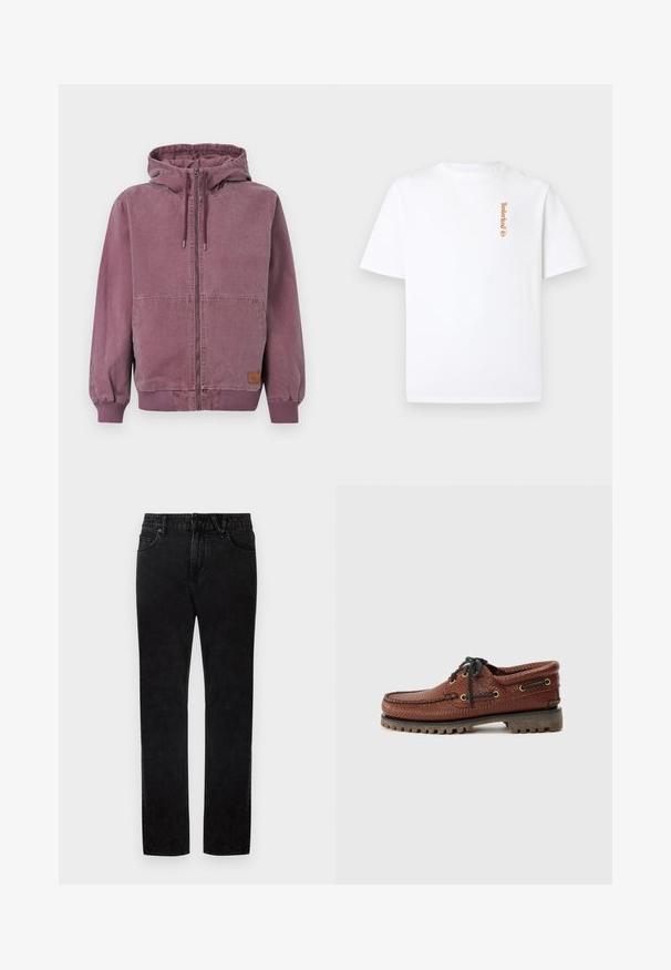 Unisex støvet violet hættetrøje med lynlås, snøre i hætten, forlommer, ribstrikkede manchetter og linning, vist på en ensfarvet baggrund.; Hvid kortærmet t-shirt med rund hals og lille vertikalt Timberland-logo i orange på venstre bryst.; Sorte denimjeans med lige ben, udstyret med bæltestropper, forlommer og knaplukning. Stoffet er glat med en let stretch.; Brune læder bådsko med struktureret overdel, sorte snørebånd og gyldne øjer. Har en holdbar, rillede gummisål.